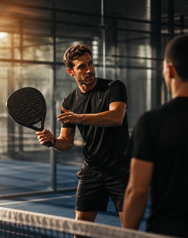 Padel coach instructing a player on a premium indoor court